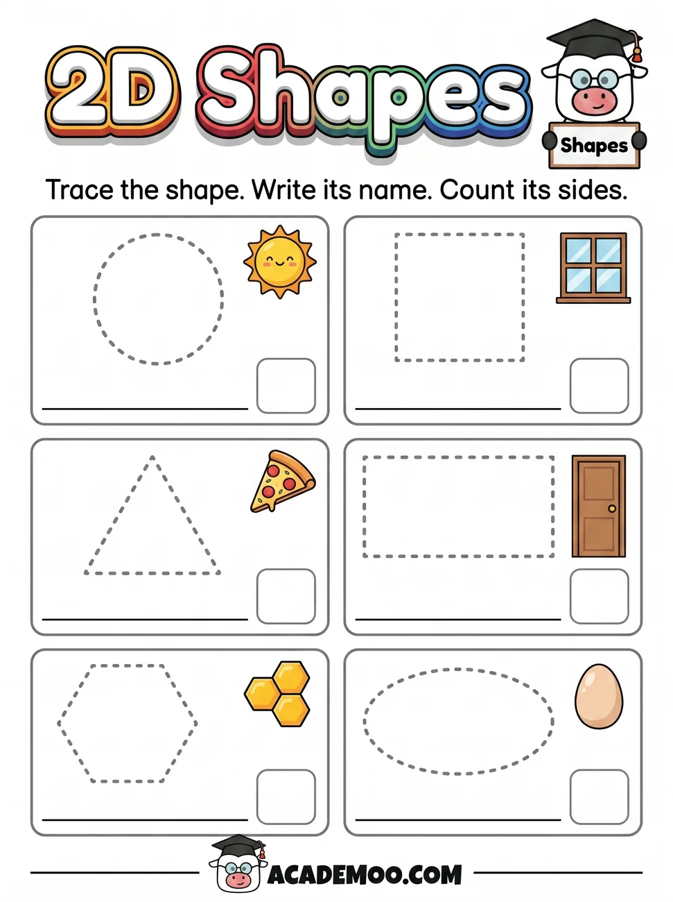 2D Shapes Trace and Count worksheet — pre-k math printable PDF · Free printable 2d shapes trace and count worksheet for Pre-K.