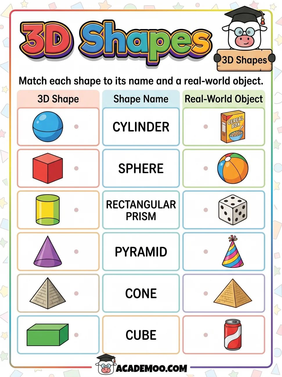 3D Shapes Match worksheet — 1st grade math printable PDF · Free printable 3d shapes match worksheet for 1st Grade.