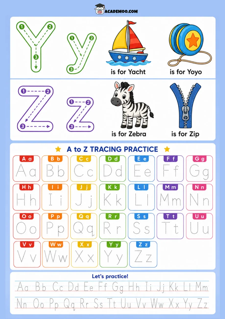 A to Z Tracing Practice worksheet — pre-k language arts printable PDF · Printable a to z tracing practice worksheet for Pre-K.
