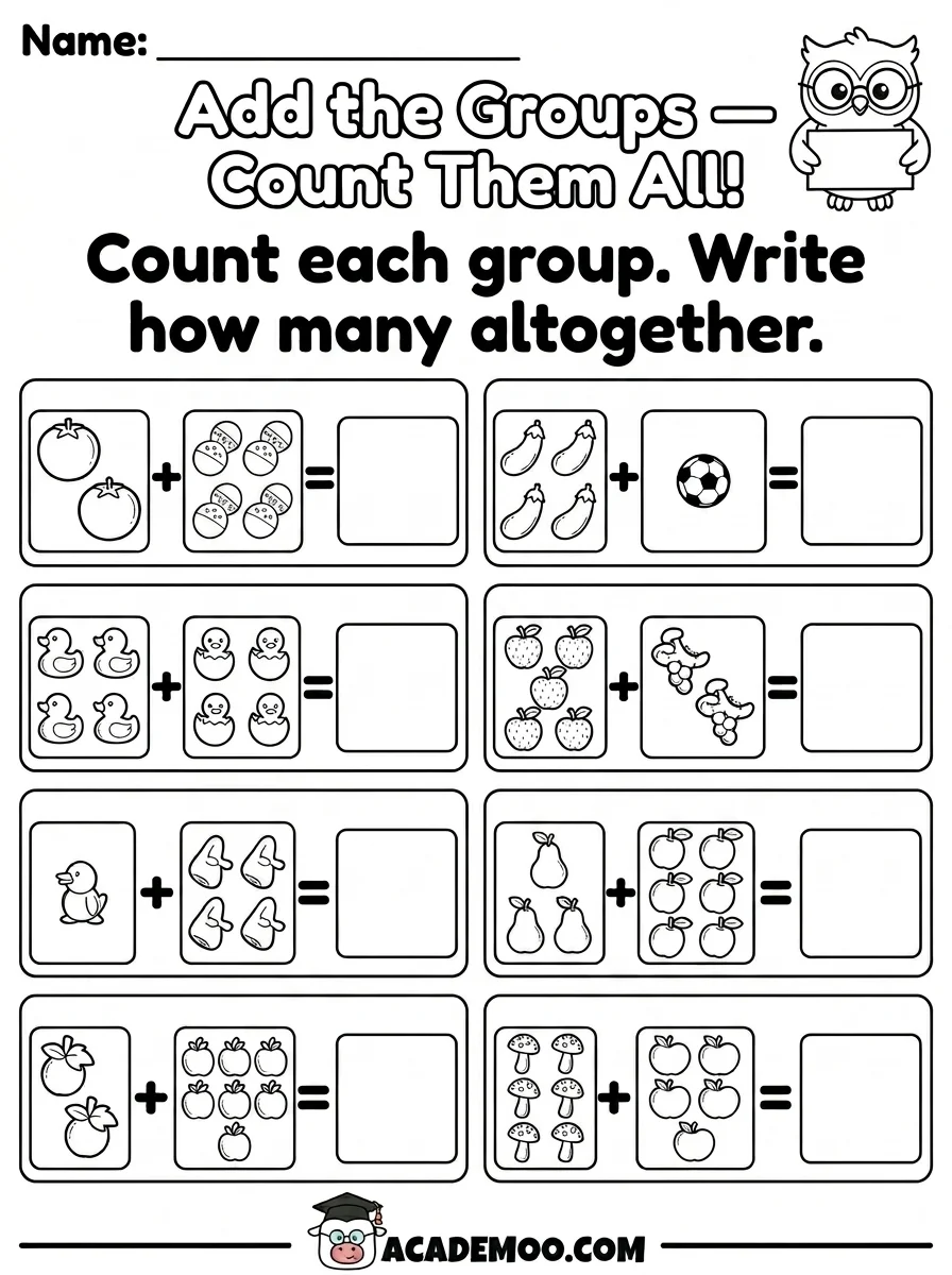 Add the Groups Count Them All worksheet — kindergarten math printable PDF · Free printable add the groups count them all worksheet for Kindergarten.