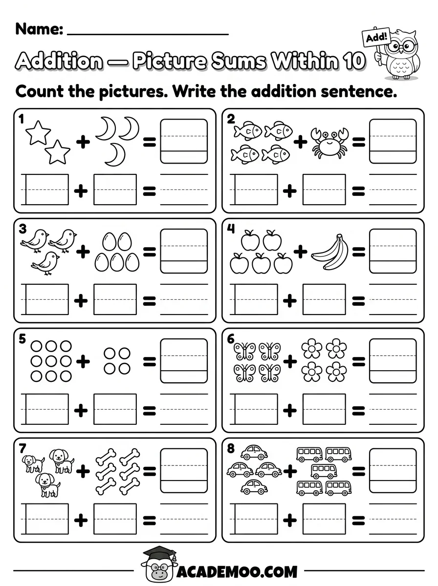 Addition Picture Sums Within 10 worksheet — kindergarten math printable PDF · Free printable addition picture sums within 10 worksheet for Kindergarten.