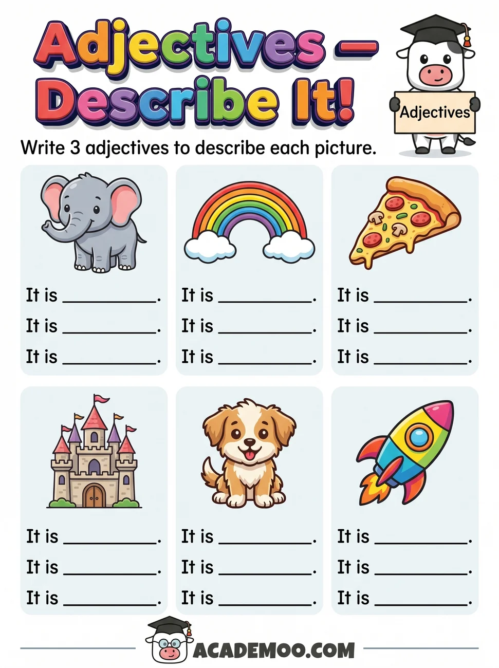Adjectives Describe It worksheet — kindergarten language arts printable PDF · Free printable adjectives describe it worksheet for Kindergarten.