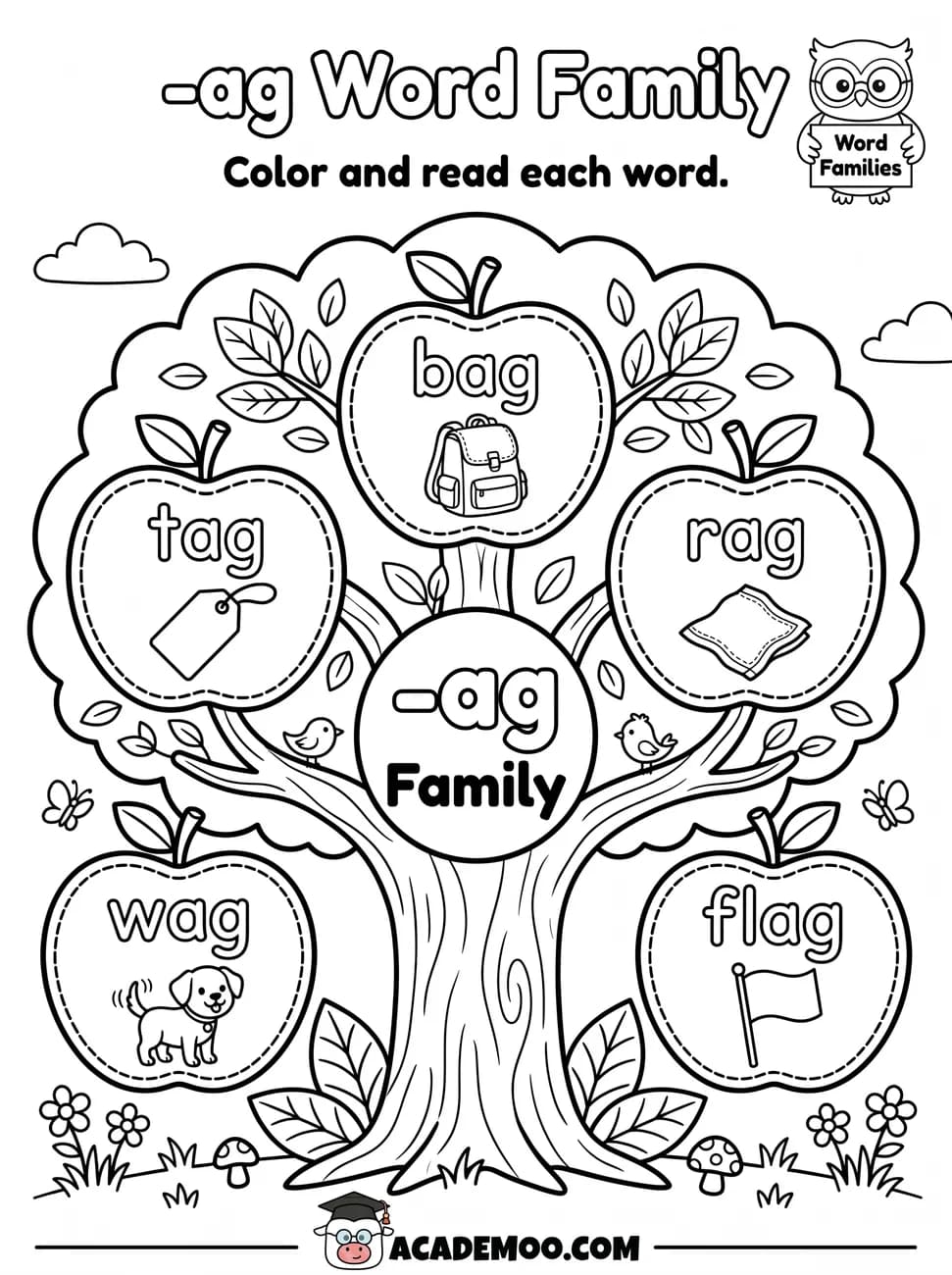 -ag Word Family worksheet — kindergarten language arts printable PDF · Color and read each -ag word on the apple tree: bag, tag, rag, wag, flag.
