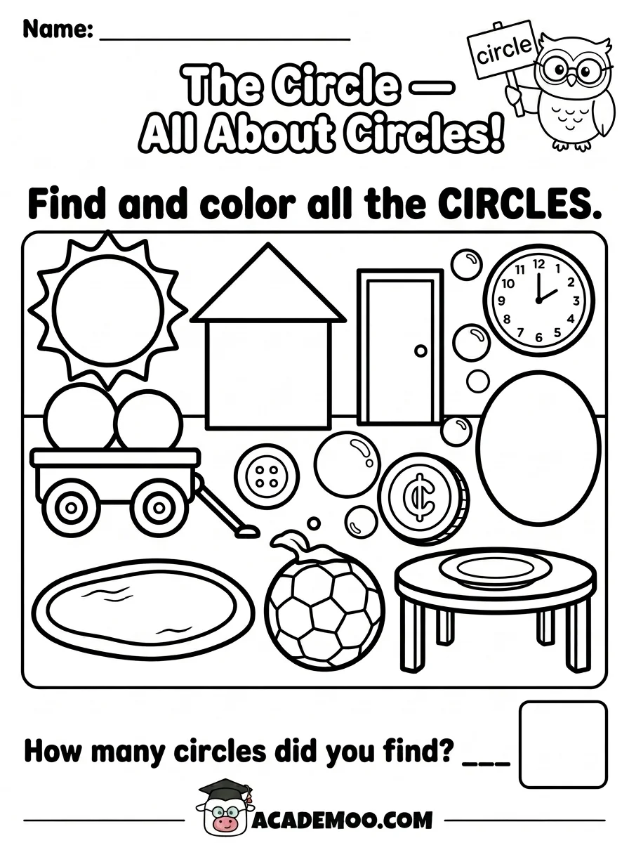 All About Circles worksheet — kindergarten math printable PDF · Free printable all about circles worksheet for Kindergarten.