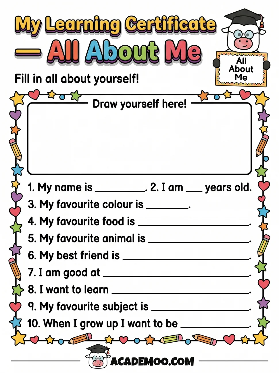 All About Me Learning Certificate worksheet — kindergarten language arts printable PDF · Free printable all about me learning certificate worksheet for Kindergarten.