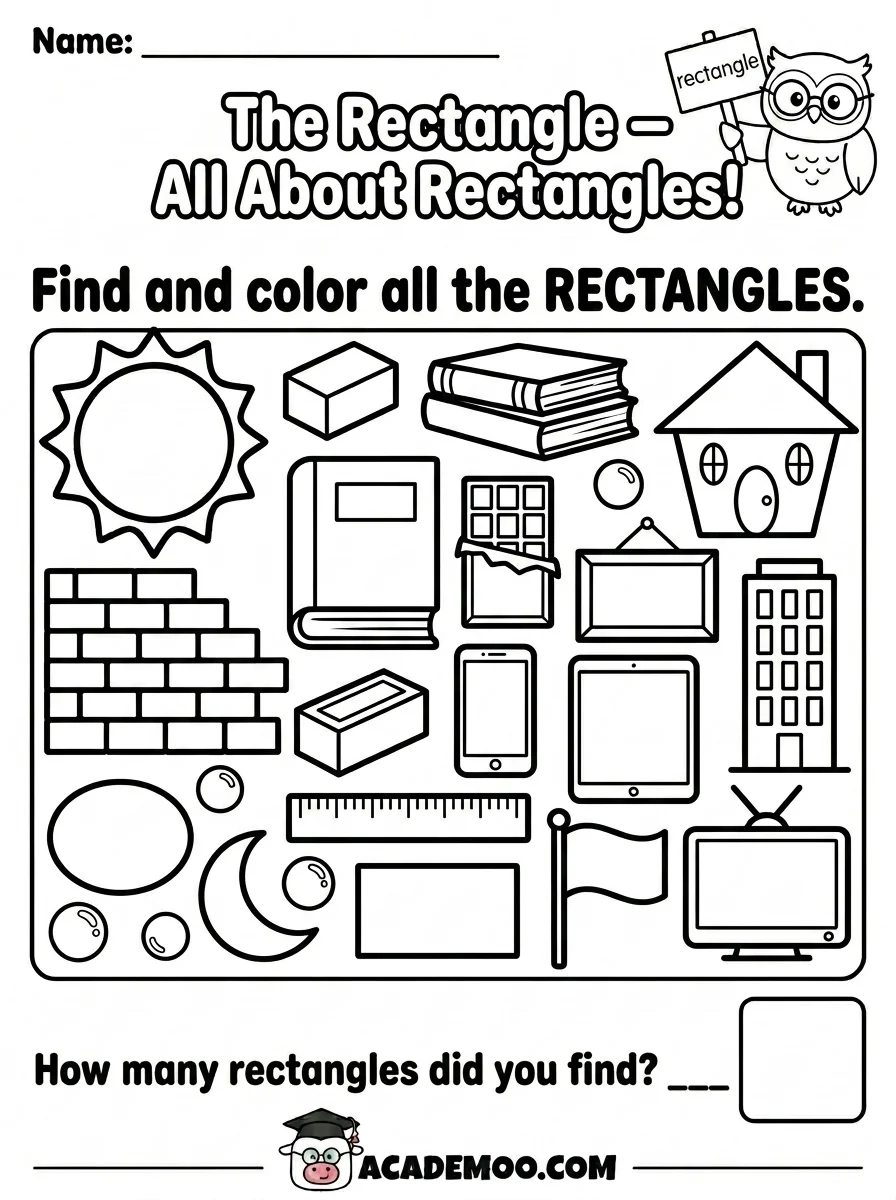 All About Rectangles worksheet — kindergarten math printable PDF · Free printable all about rectangles worksheet for Kindergarten.