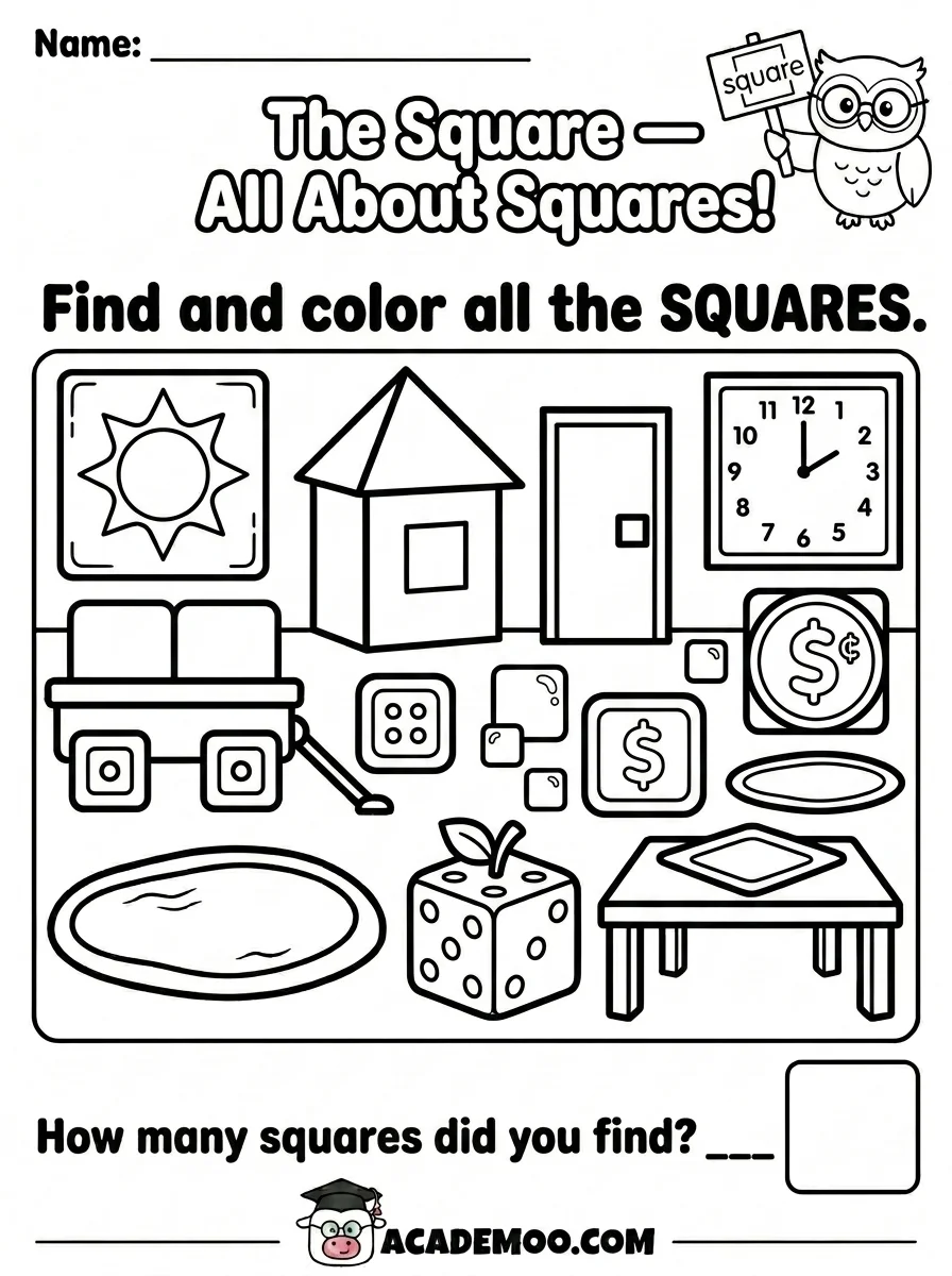 All About Squares worksheet — kindergarten math printable PDF · Free printable all about squares worksheet for Kindergarten.