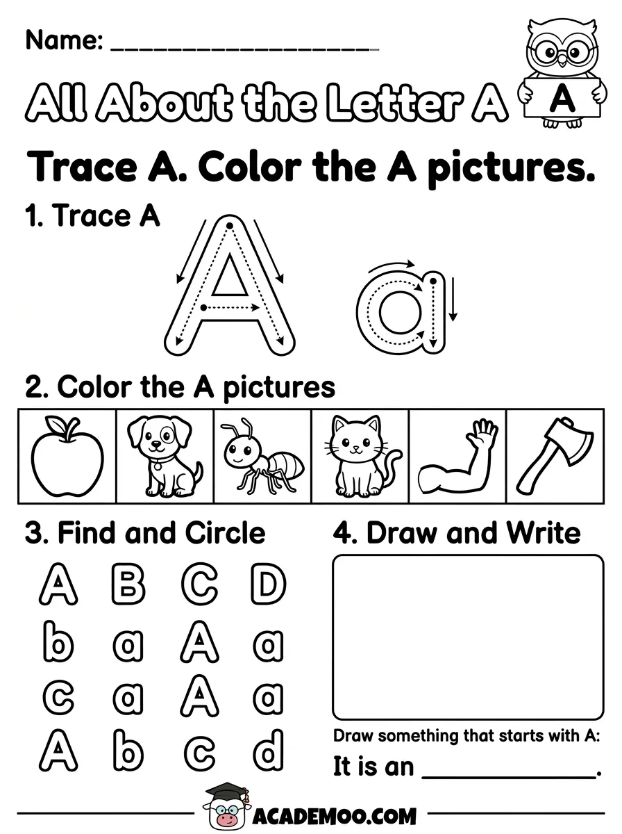 All About the Letter A worksheet — kindergarten language arts printable PDF · Free printable All About the Letter A worksheet for Kindergarten.