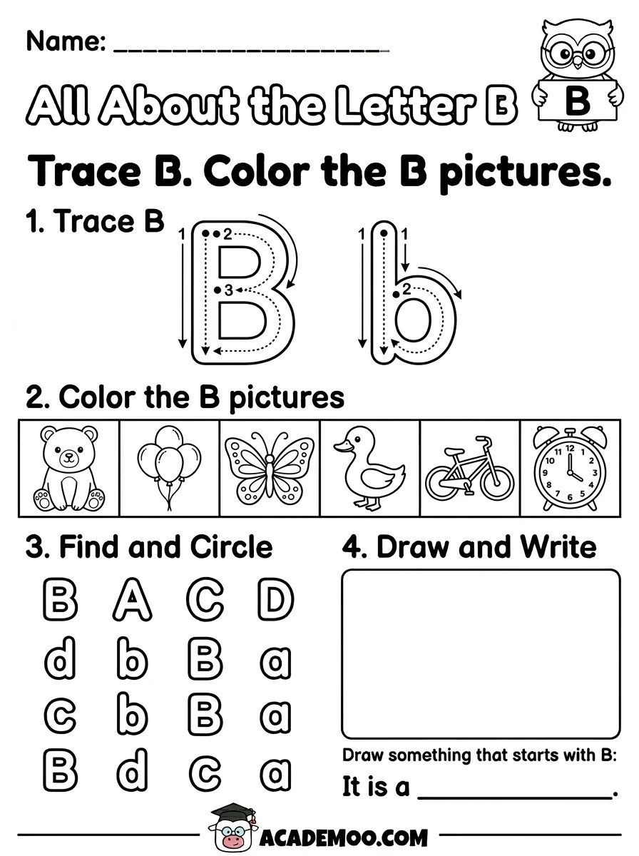 All About the Letter B worksheet — kindergarten language arts printable PDF · Free printable All About the Letter B worksheet for Kindergarten.