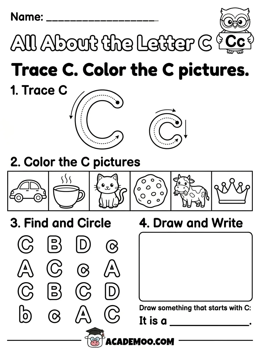 All About the Letter C worksheet — kindergarten language arts printable PDF · Free printable All About the Letter C worksheet for Kindergarten.