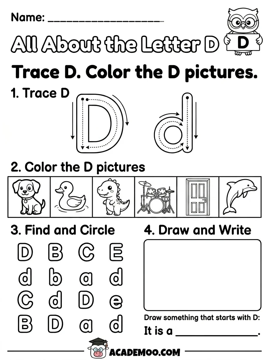 All About the Letter D worksheet — kindergarten language arts printable PDF · Free printable All About the Letter D worksheet for Kindergarten.
