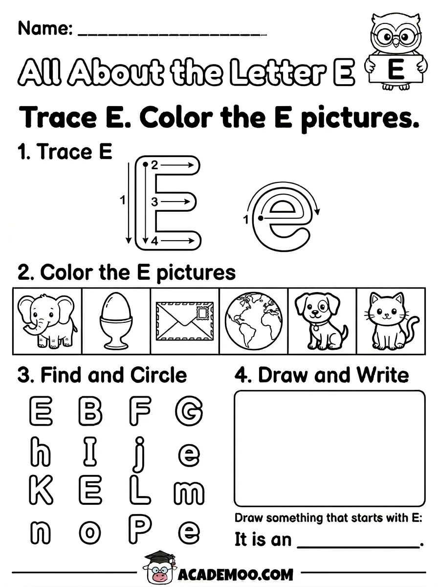All About the Letter E worksheet — kindergarten language arts printable PDF · Free printable All About the Letter E worksheet for Kindergarten.
