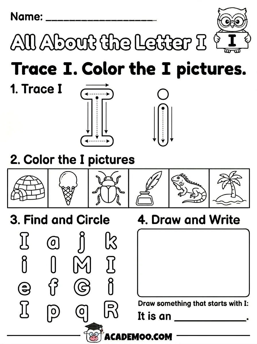 All About the Letter I worksheet — kindergarten language arts printable PDF · Free printable All About the Letter I worksheet for Kindergarten.