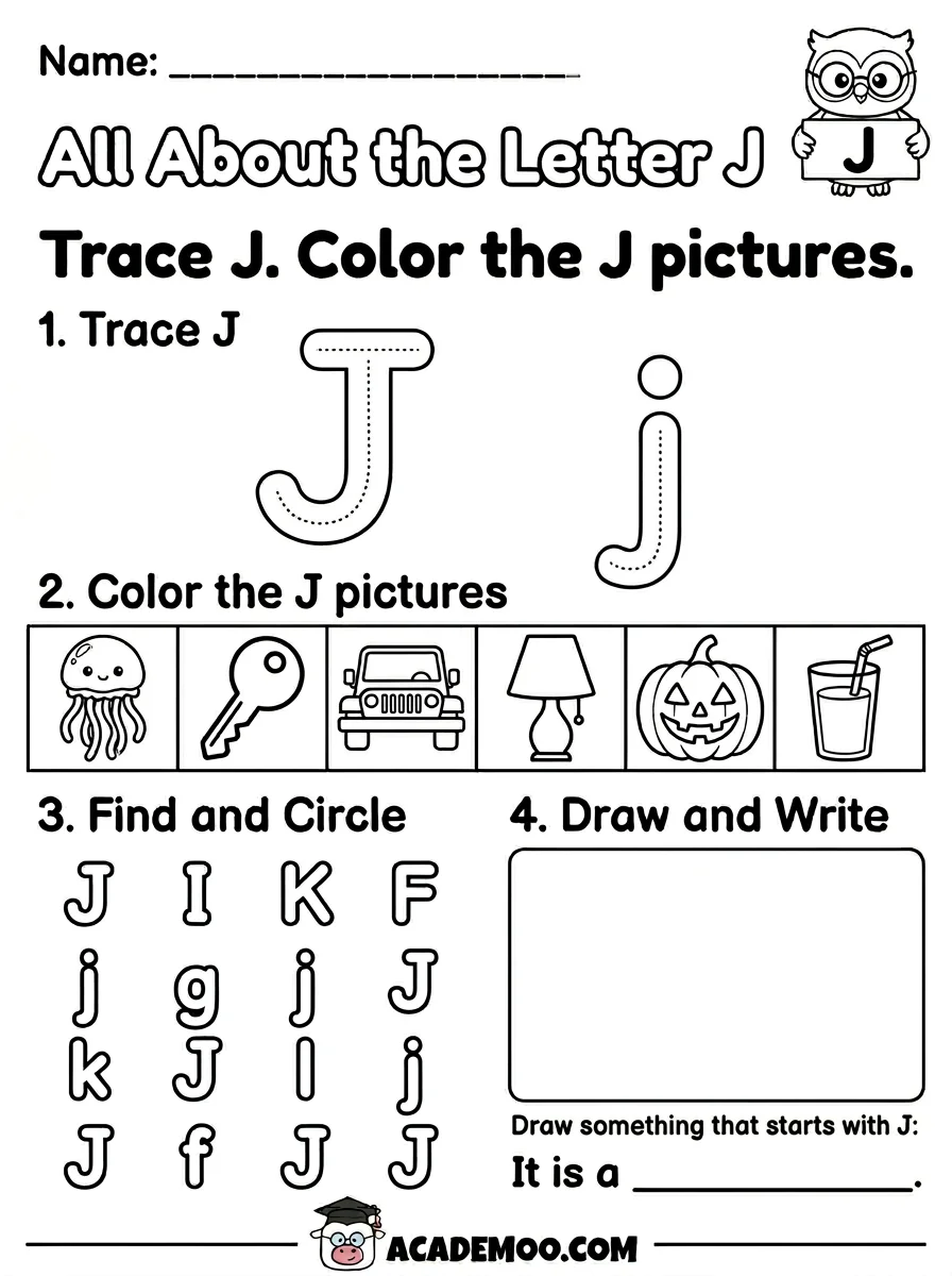 All About the Letter J worksheet — kindergarten language arts printable PDF · Free printable All About the Letter J worksheet for Kindergarten.