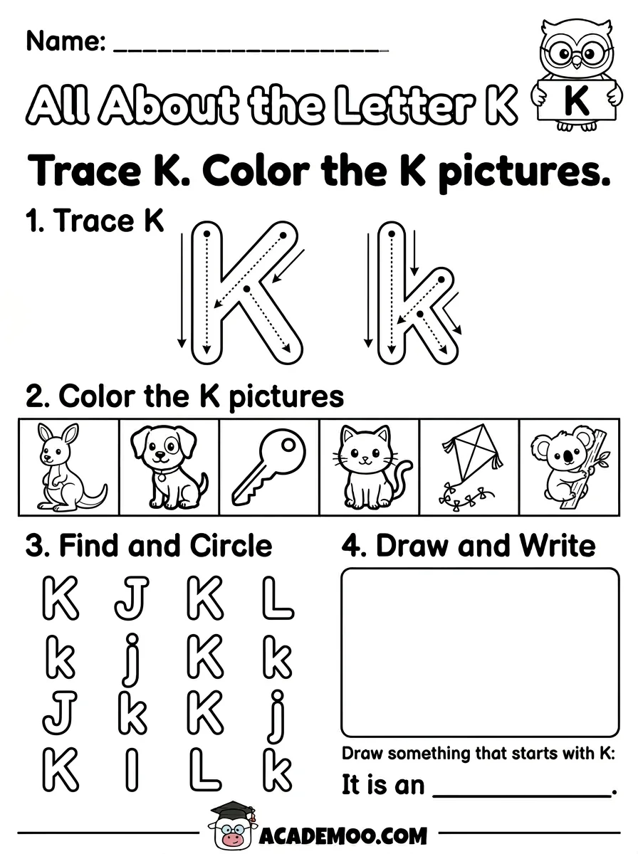 All About the Letter K worksheet — kindergarten language arts printable PDF · Free printable All About the Letter K worksheet for Kindergarten.
