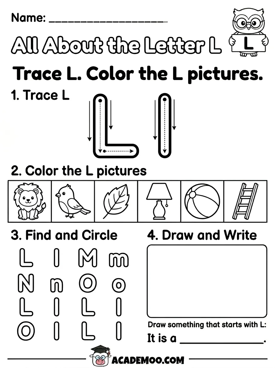 All About the Letter L worksheet — kindergarten language arts printable PDF · Free printable All About the Letter L worksheet for Kindergarten.