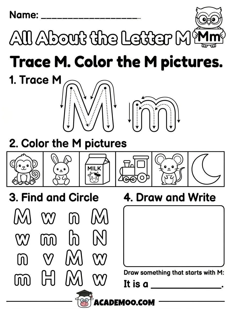 All About the Letter M worksheet — kindergarten language arts printable PDF · Free printable All About the Letter M worksheet for Kindergarten.