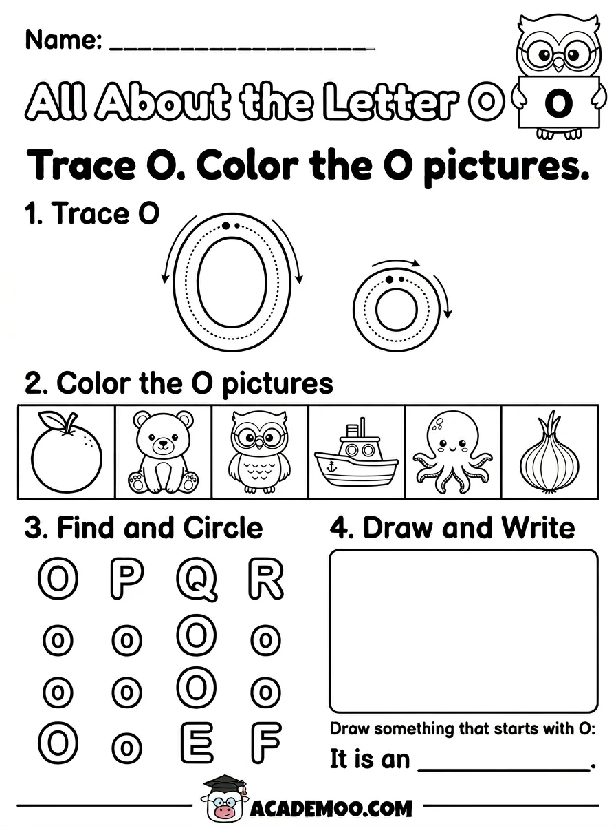All About the Letter O worksheet — kindergarten language arts printable PDF · Free printable All About the Letter O worksheet for Kindergarten.