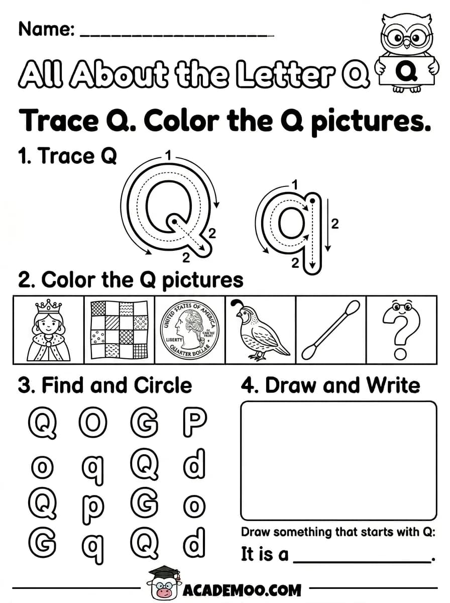 All About the Letter Q worksheet — kindergarten language arts printable PDF · Free printable All About the Letter Q worksheet for Kindergarten.