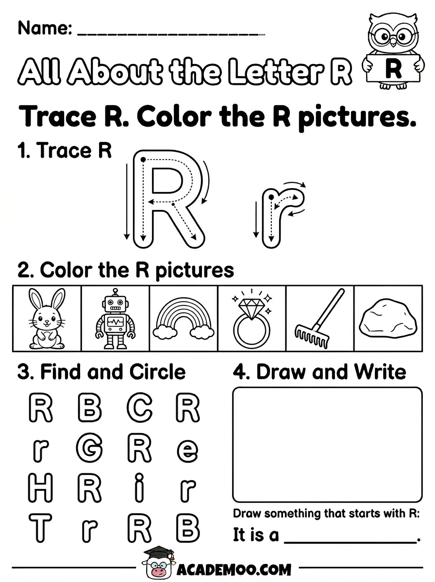 All About the Letter R worksheet — kindergarten language arts printable PDF · Free printable All About the Letter R worksheet for Kindergarten.