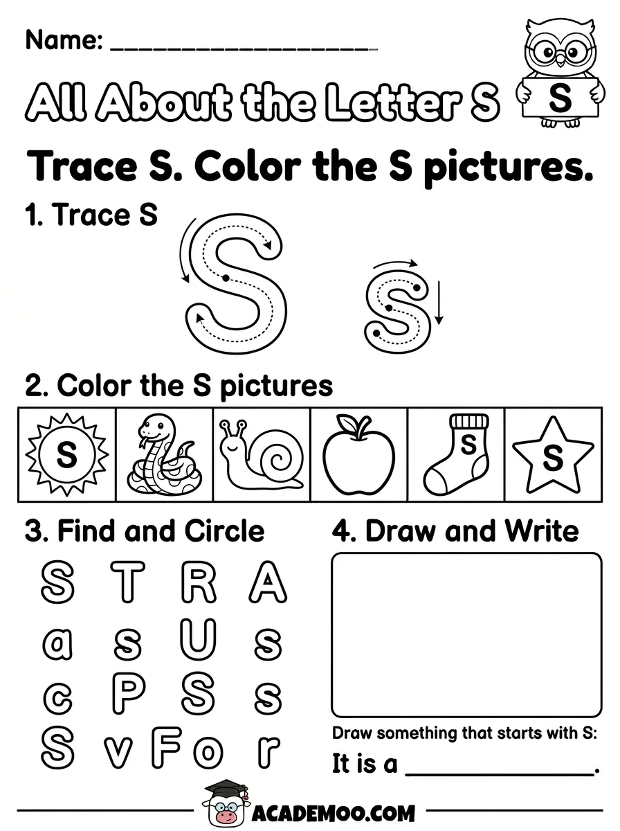 All About the Letter S worksheet — kindergarten language arts printable PDF · Free printable All About the Letter S worksheet for Kindergarten.