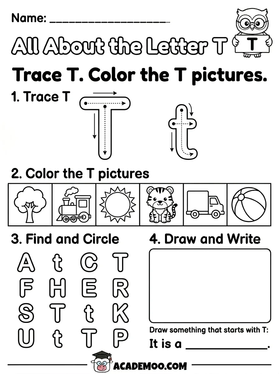 All About the Letter T worksheet — kindergarten language arts printable PDF · Free printable All About the Letter T worksheet for Kindergarten.