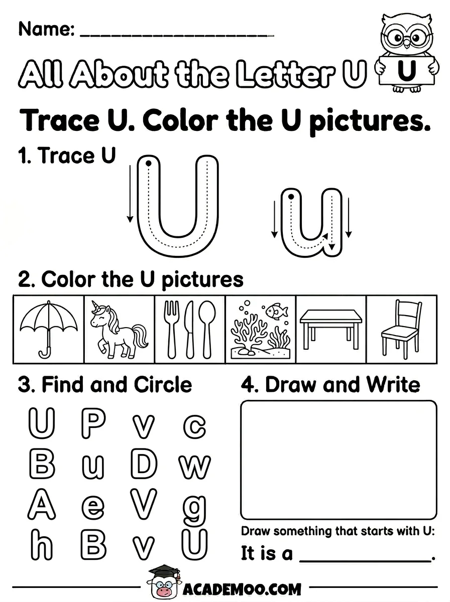 All About the Letter U worksheet — kindergarten language arts printable PDF · Free printable All About the Letter U worksheet for Kindergarten.