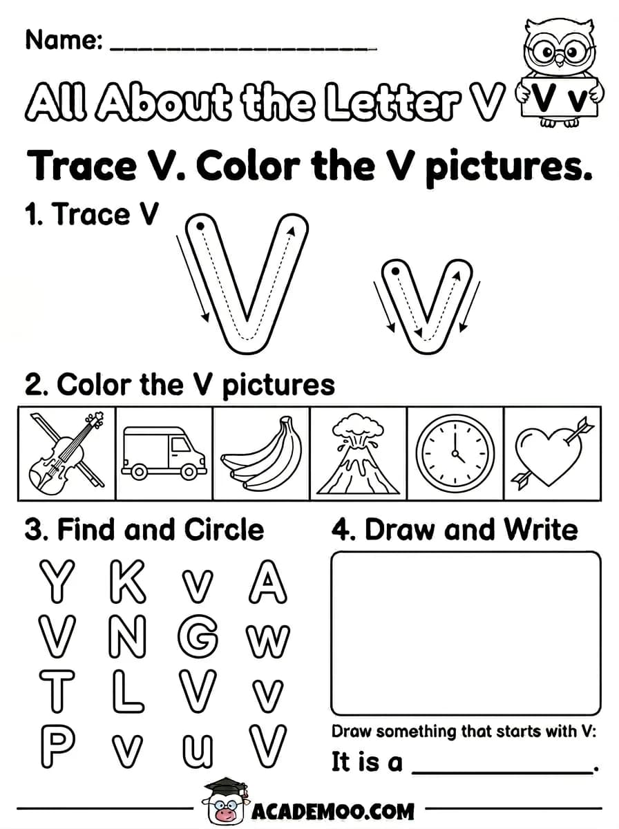 All About the Letter V worksheet — kindergarten language arts printable PDF · Free printable All About the Letter V worksheet for Kindergarten.