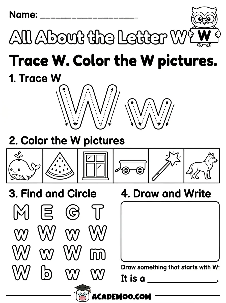 All About the Letter W worksheet — kindergarten language arts printable PDF · Free printable All About the Letter W worksheet for Kindergarten.