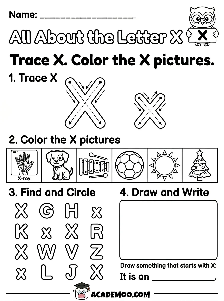 All About the Letter X worksheet — kindergarten language arts printable PDF · Free printable All About the Letter X worksheet for Kindergarten.