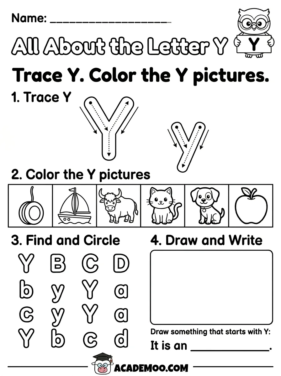 All About the Letter Y worksheet — kindergarten language arts printable PDF · Free printable All About the Letter Y worksheet for Kindergarten.