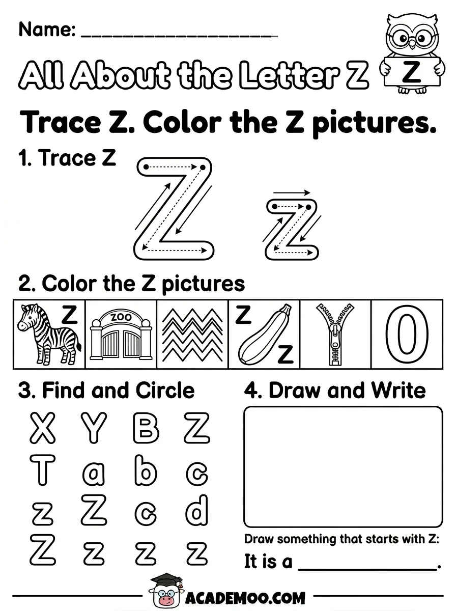 All About the Letter Z worksheet — kindergarten language arts printable PDF · Free printable All About the Letter Z worksheet for Kindergarten.