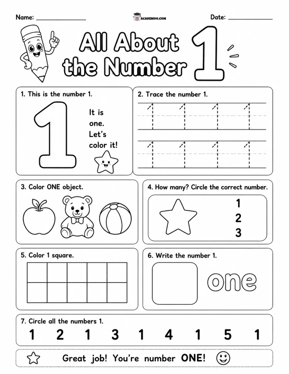 All About the Number 1 worksheet — pre-k math printable PDF · Printable all about the number 1 worksheet for Pre-K.