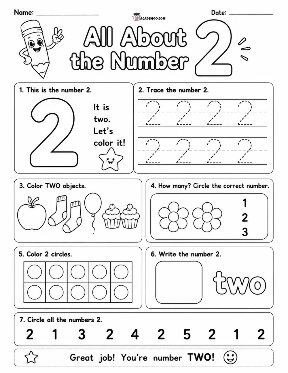 All About the Number 2 worksheet — pre-k math printable PDF · Printable all about the number 2 worksheet for Pre-K.