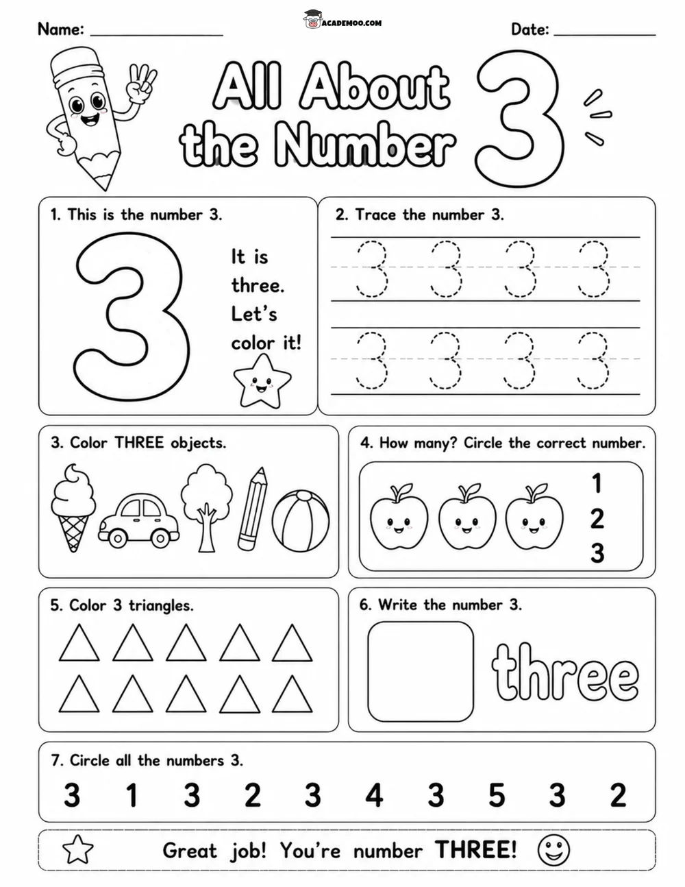 All About the Number 3 worksheet — pre-k math printable PDF · Printable all about the number 3 worksheet for Pre-K.