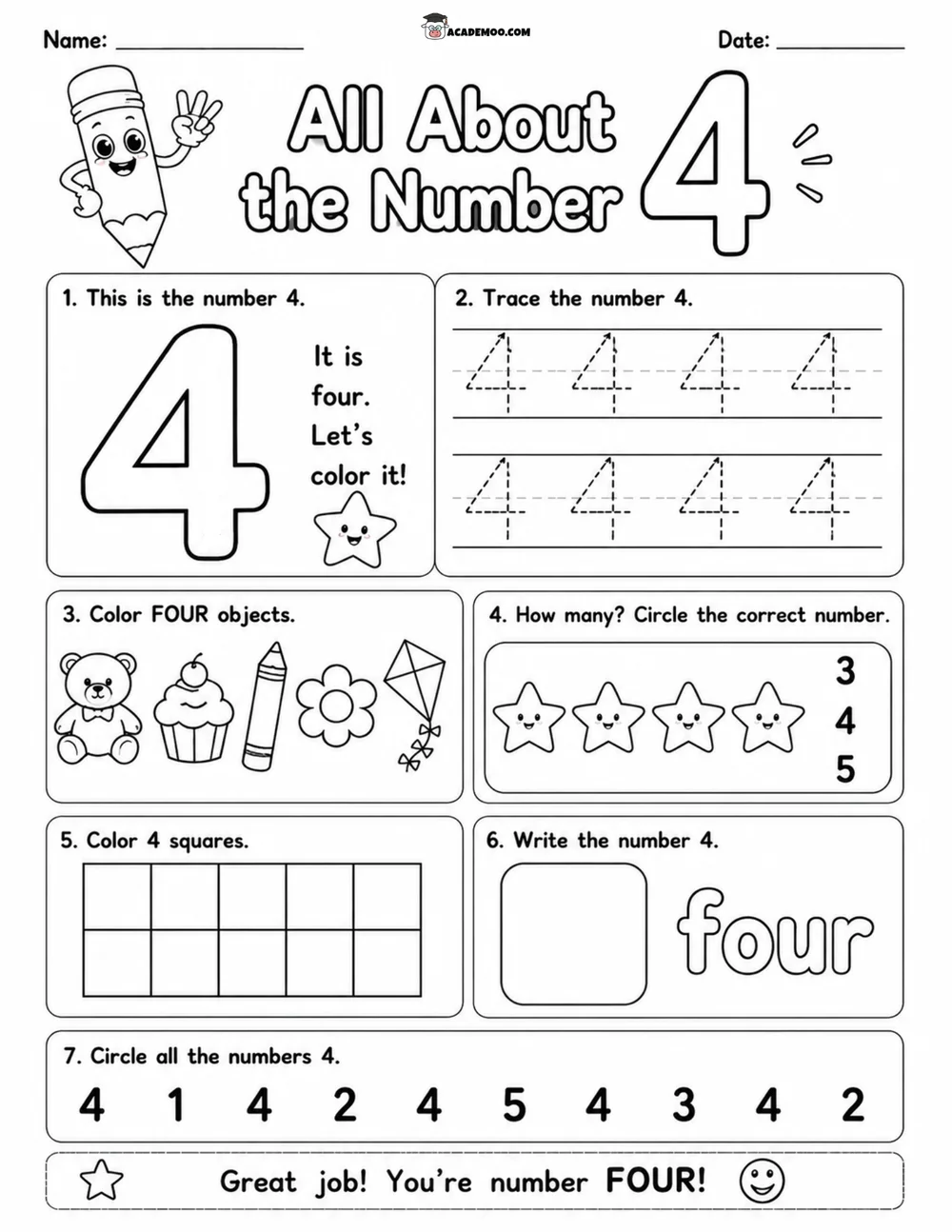 All About the Number 4 worksheet — pre-k math printable PDF · Printable all about the number 4 worksheet for Pre-K.