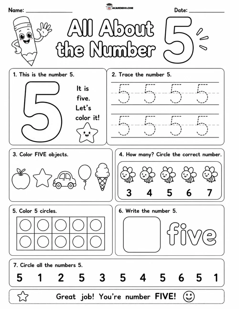 All About the Number 5 worksheet — pre-k math printable PDF · Printable all about the number 5 worksheet for Pre-K.