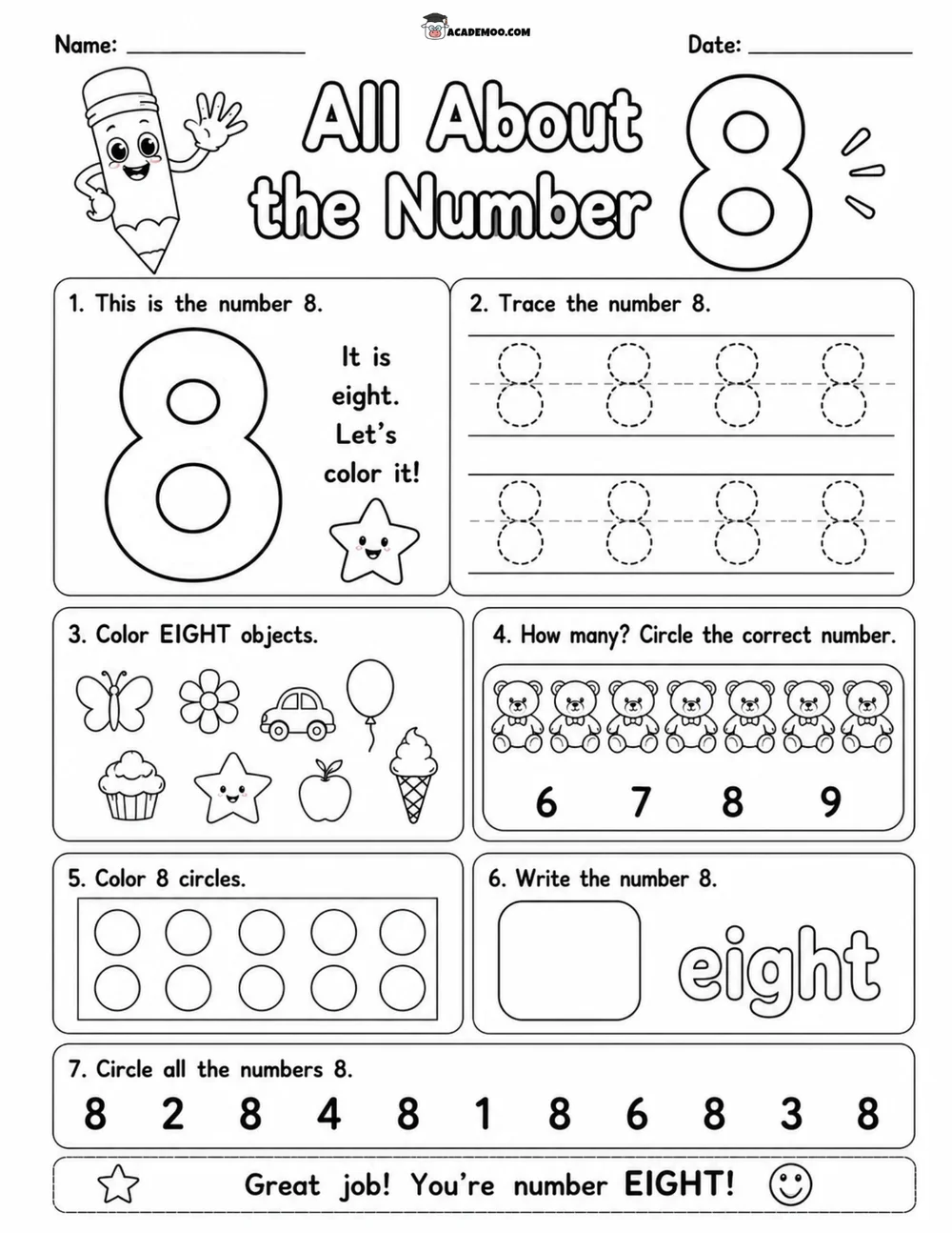All About the Number 8 worksheet — pre-k math printable PDF · Printable all about the number 8 worksheet for Pre-K.