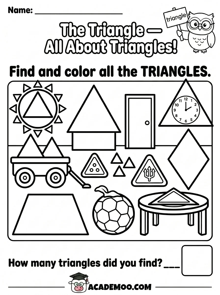 All About Triangles worksheet — kindergarten math printable PDF · Free printable all about triangles worksheet for Kindergarten.