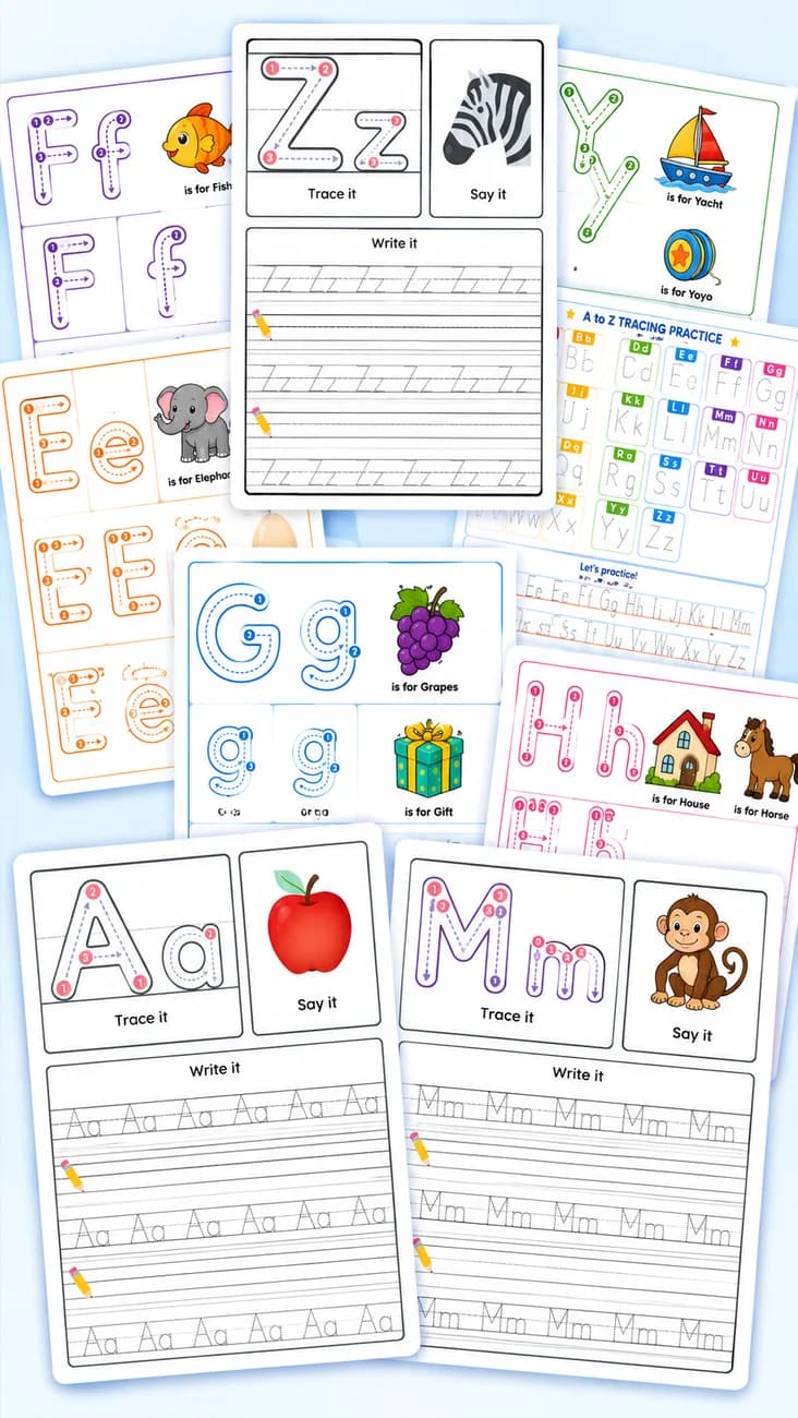 Alphabet Practice Worksheet worksheet — pre-k language arts printable PDF · Printable alphabet practice worksheet for Pre-K.
