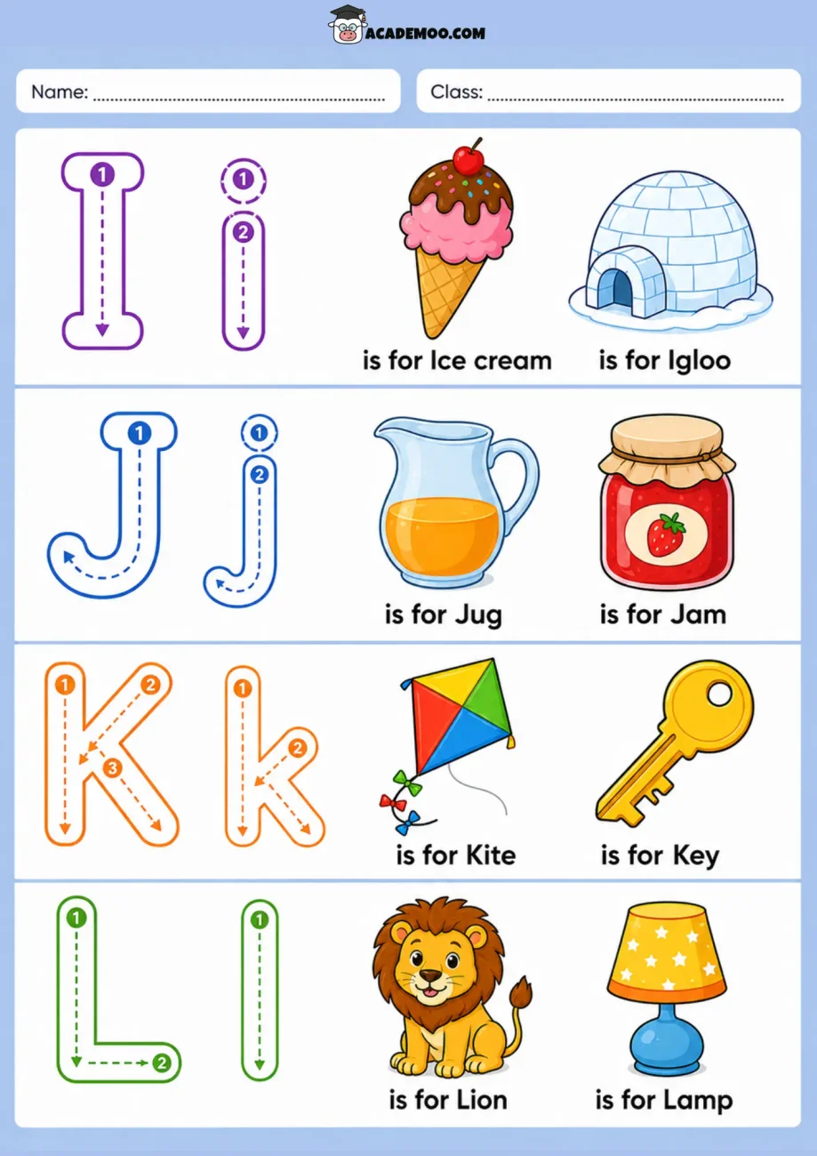 Alphabet Trace I-L worksheet — pre-k language arts printable PDF · Printable alphabet trace i-l worksheet for Pre-K.