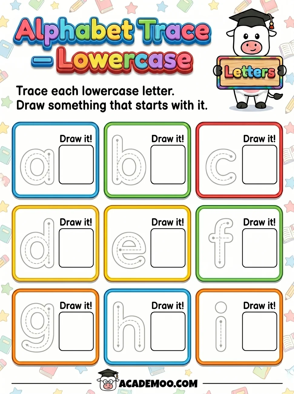 Alphabet Trace Lowercase A-I worksheet — kindergarten language arts printable PDF · Free printable alphabet trace lowercase a-i worksheet for Kindergarten.