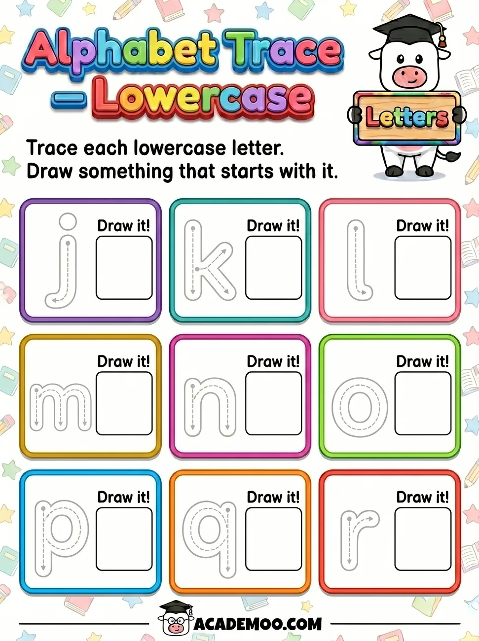 Alphabet Trace Lowercase J-R worksheet — kindergarten language arts printable PDF · Free printable alphabet trace lowercase j-r worksheet for Kindergarten.