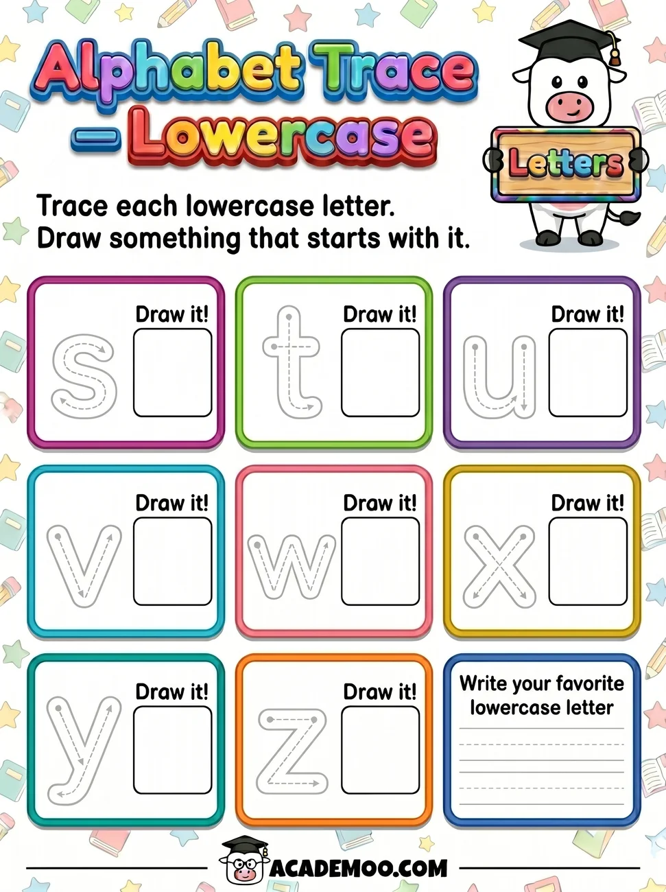 Alphabet Trace Lowercase S-Z worksheet — kindergarten language arts printable PDF · Free printable alphabet trace lowercase s-z worksheet for Kindergarten.
