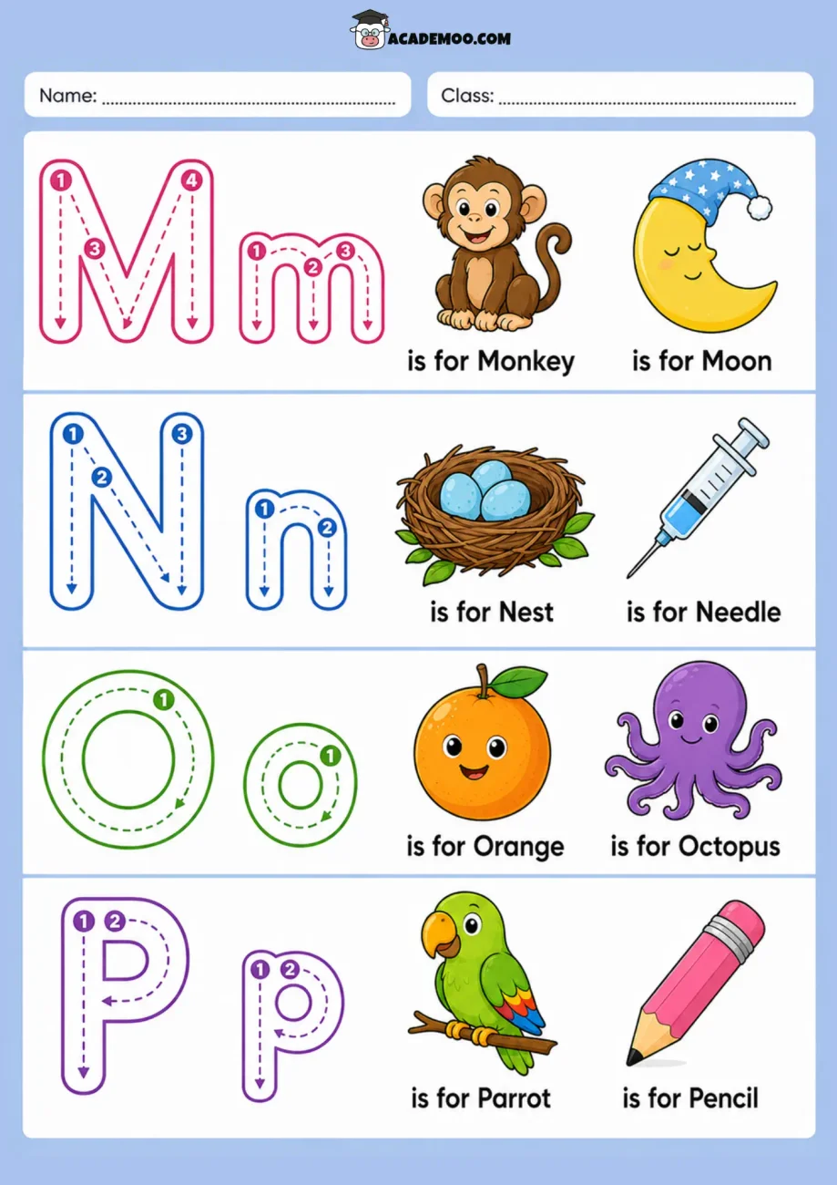 Alphabet Trace M-P worksheet — pre-k language arts printable PDF · Printable alphabet trace m-p worksheet for Pre-K.