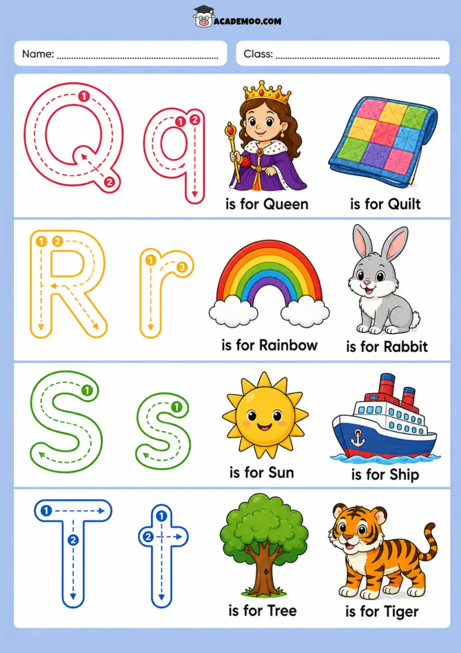 Alphabet Trace Q-T worksheet — pre-k language arts printable PDF · Printable alphabet trace q-t worksheet for Pre-K.