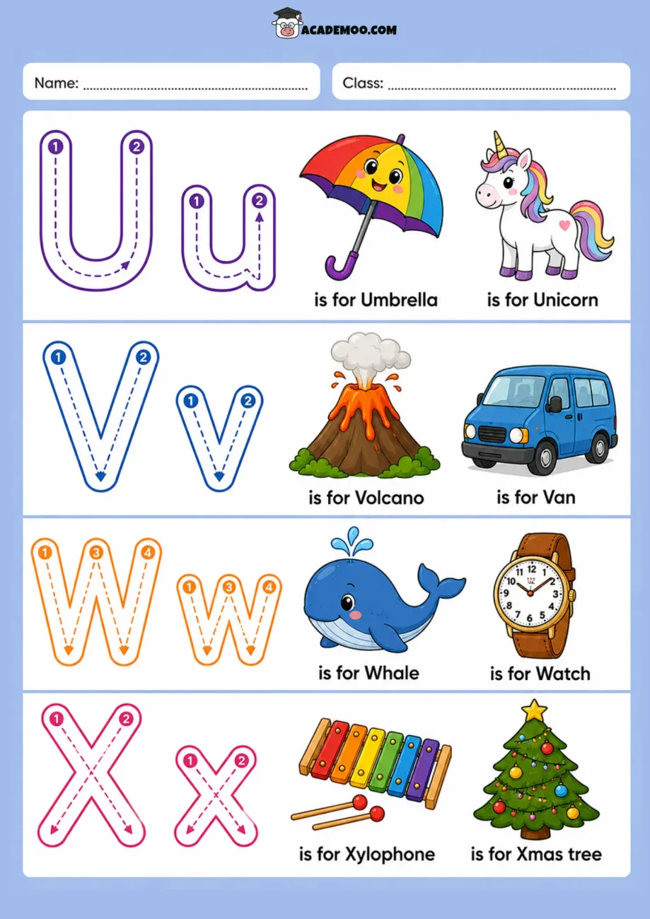 Alphabet Trace U-X worksheet — pre-k language arts printable PDF · Printable alphabet trace u-x worksheet for Pre-K.