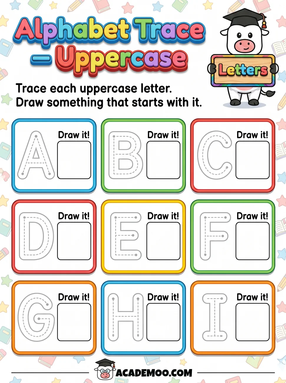 Alphabet Trace Uppercase A-I worksheet — kindergarten language arts printable PDF · Free printable alphabet trace uppercase a-i worksheet for Kindergarten.
