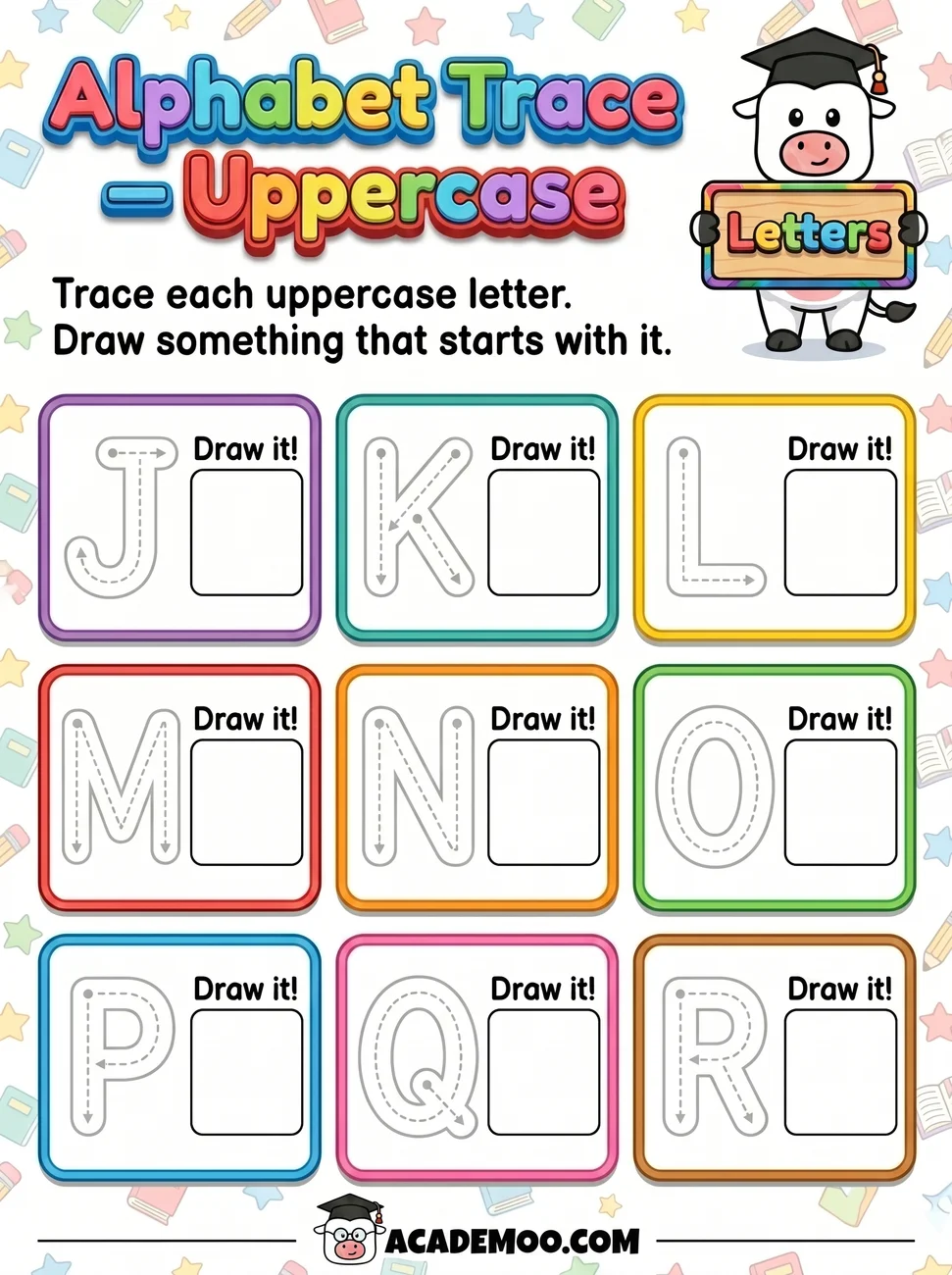 Alphabet Trace Uppercase J-R worksheet — kindergarten language arts printable PDF · Free printable alphabet trace uppercase j-r worksheet for Kindergarten.