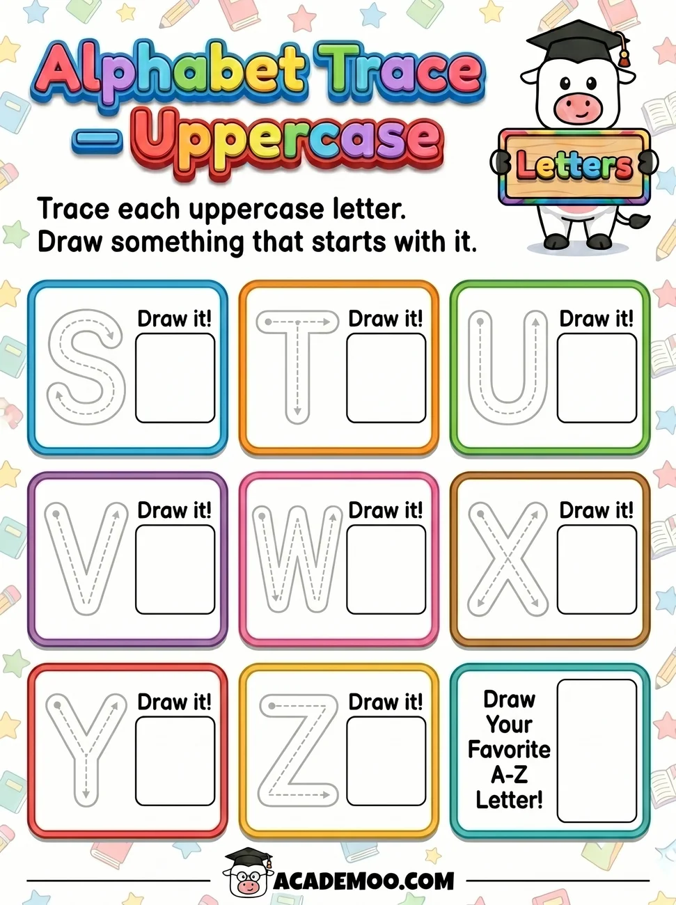 Alphabet Trace Uppercase S-Z worksheet — kindergarten language arts printable PDF · Free printable alphabet trace uppercase s-z worksheet for Kindergarten.